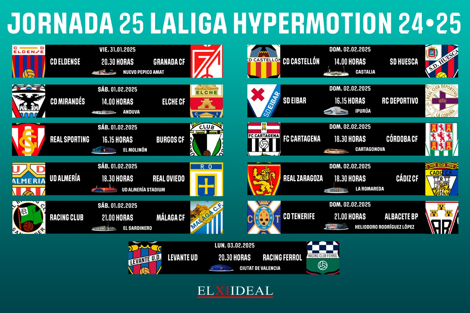 Horarios jornada 25 LaLiga Hypermotion 2024/2025 - ELXIIDEAL