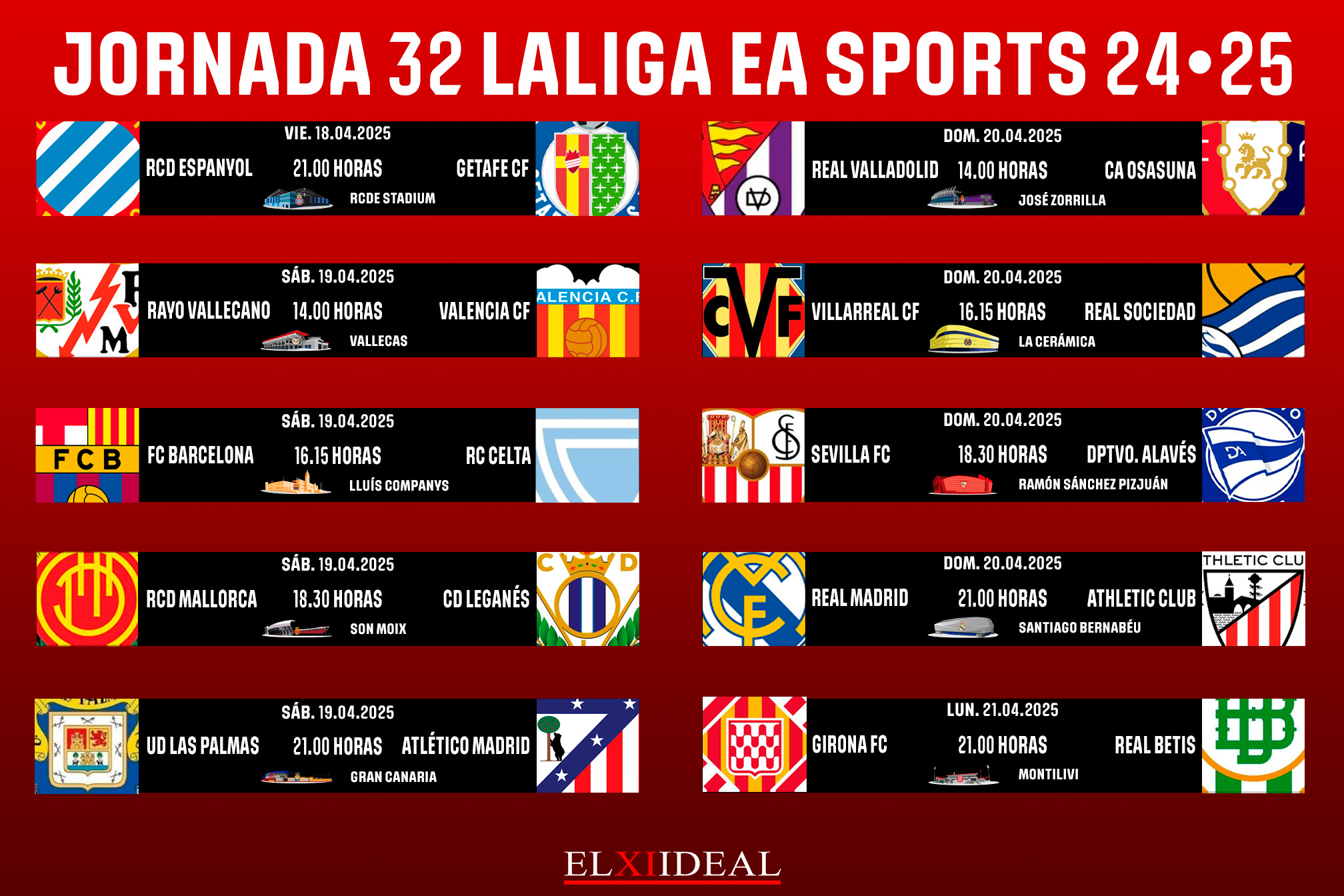Horarios jornada 32 LaLiga EA Sports 2024/2025 - ELXIIDEAL